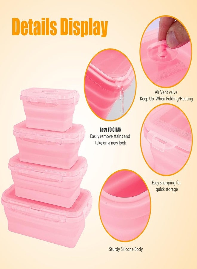 Enjamyo Collapsible Silicone Food Storage Containers Set of 4,Foldable Lunch Box Containers with Lids,Silicone Meal Prep Boxes for Kitchen,Dishwasher,Microwave,Freezer Safe(Square Pink) - Image 3